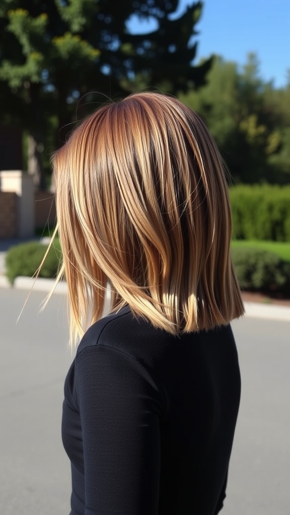 Long bob hairstyle with highlighted ends, showcasing beautiful dimension and texture.