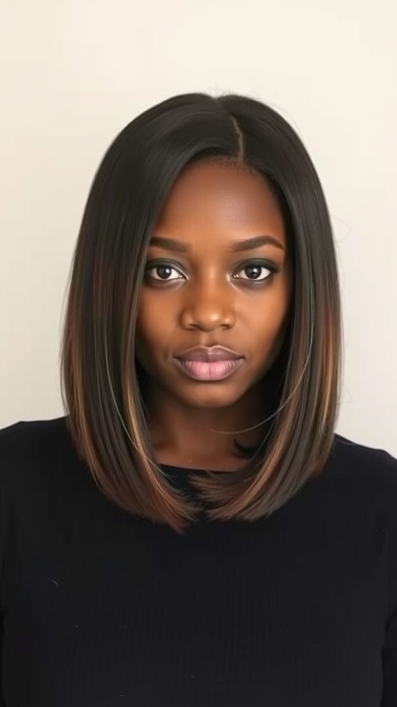 A woman with a long bob hairstyle featuring subtle tapered ends, showcasing a sleek and polished look.