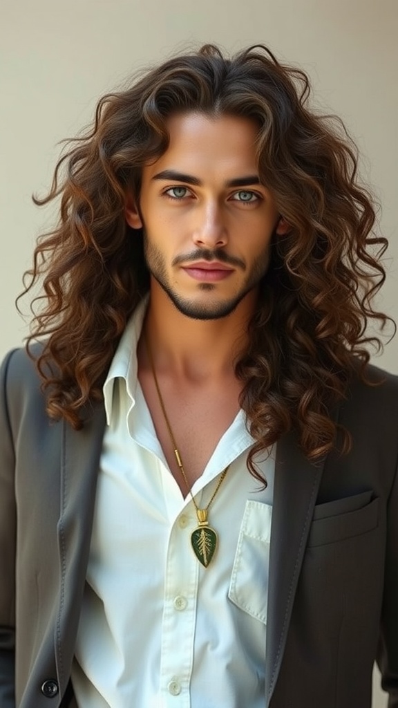 A man with long curly hair styled in a center part, wearing a suit.