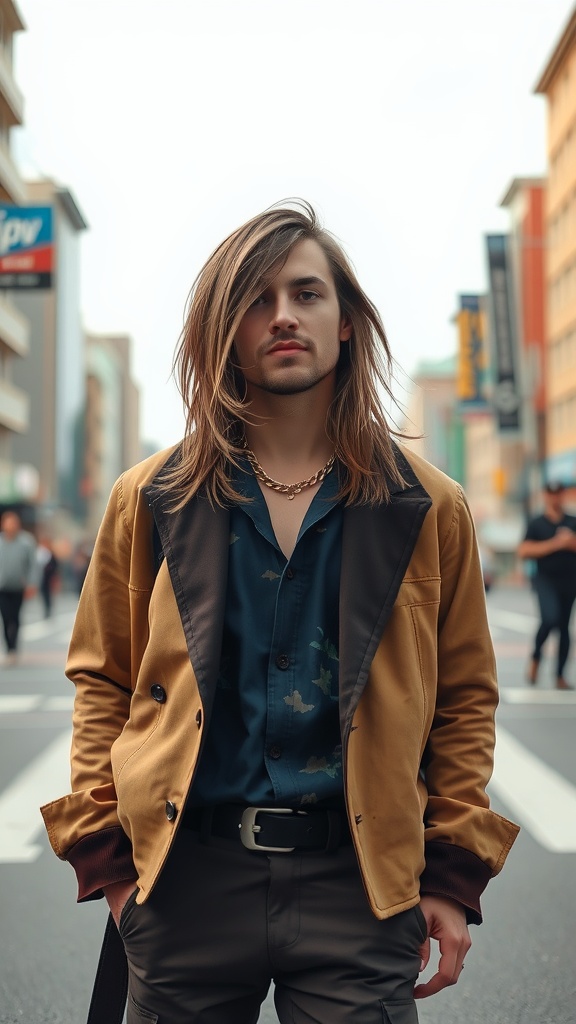 A young man with long layered mullet hairstyle, wearing a stylish outfit in an urban setting.