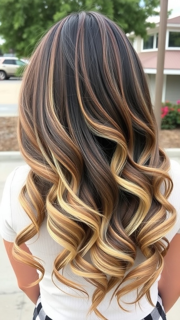 Long layered waves hairstyle with dark and light tones