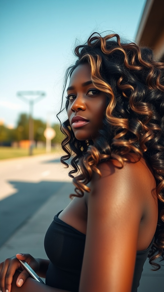 A woman with long loose curls and highlights, showcasing a stylish curly wig hairstyle.