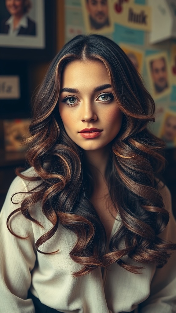 Woman with long loose curls and side-swept bangs, looking elegant.