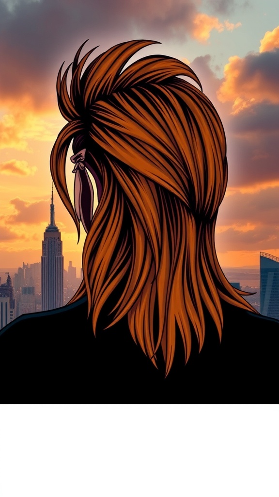 Silhouette of a person with a long mullet hairstyle against a sunset skyline.