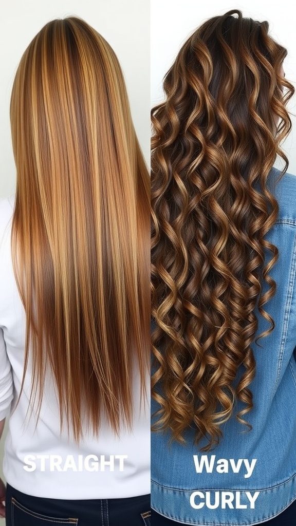 Comparison of long mullet hairstyles for straight and curly hair types.