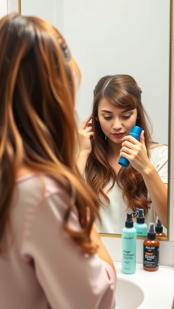 A woman with long hair examining herself in a mirror while holding a hair product.