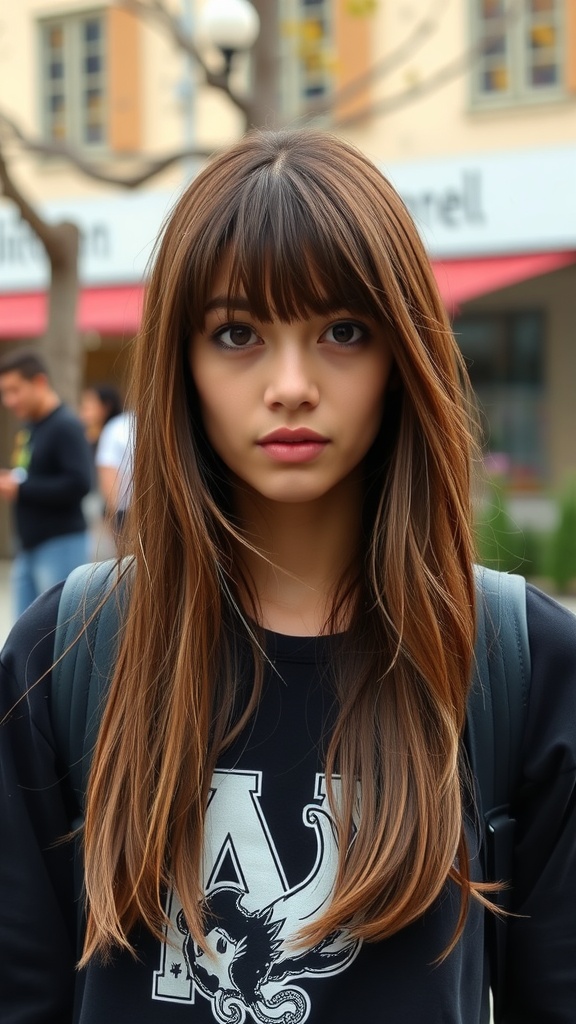 A young person with long hair styled in a mullet with bangs, wearing a black sweatshirt and standing outdoors.