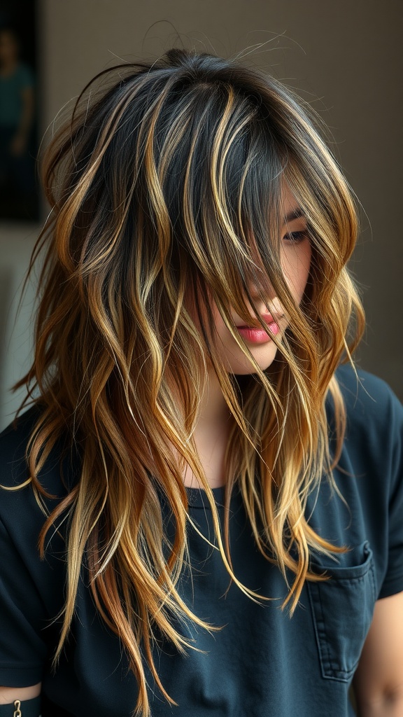 Long mullet hairstyle with shaggy layers and a natural wave