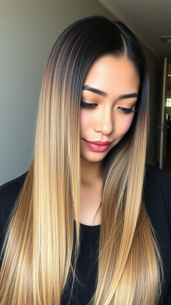 A woman with long, straight hair styled in a quick weave with a side part, showcasing smooth and shiny locks.