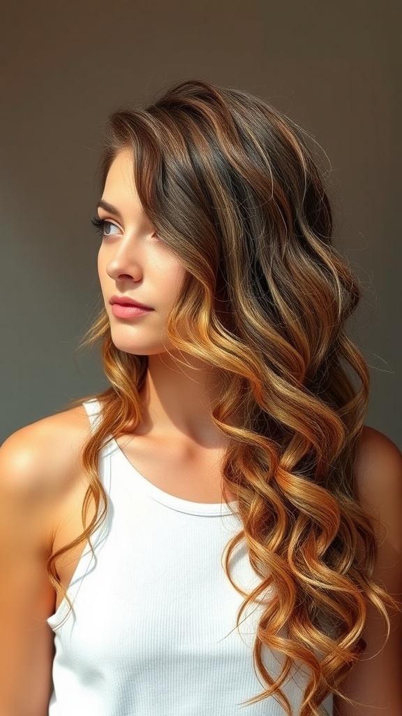 A woman with long wavy hair styled in a quick weave, showcasing beachy vibes with a mix of colors.