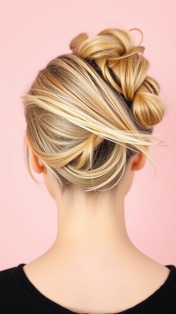 A loose chignon hairstyle showcasing flowing strands and a relaxed vibe against a pink background.