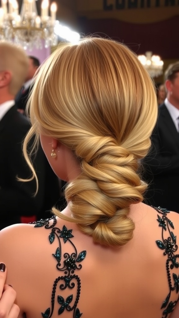 A woman showing a low chignon ponytail fusion hairstyle, elegantly styled with soft waves and secured at the nape of her neck.