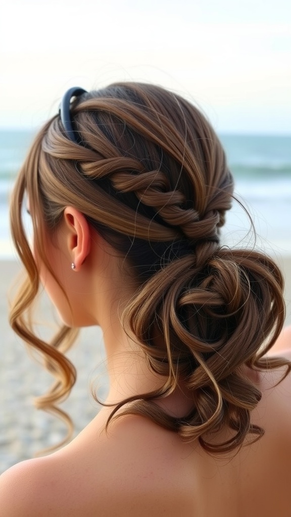 A person showcasing a low curly ponytail hairstyle by the beach