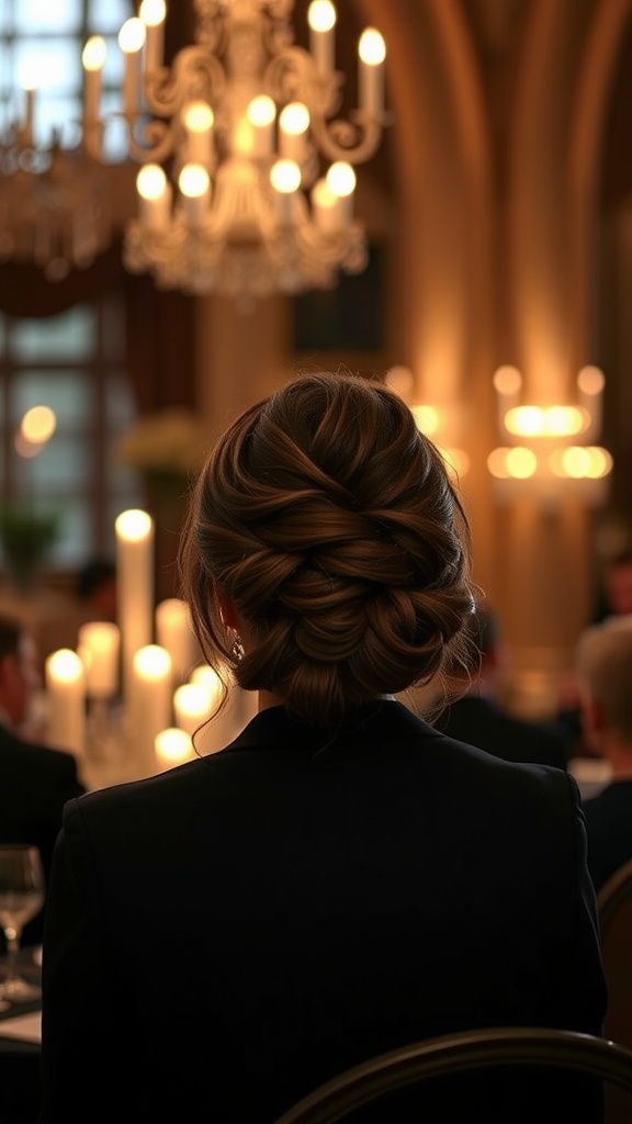 A woman with a low curly updo hairstyle, back view, in an elegant setting with candles and soft lighting.