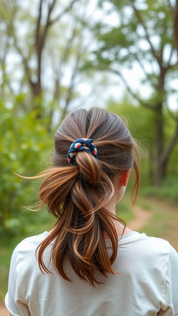 A woman with a low messy ponytail secured with a colorful scrunchie, surrounded by greenery.
