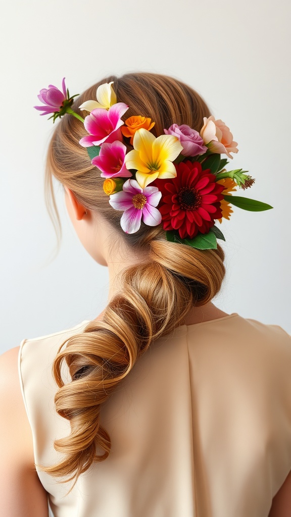 A woman with a low ponytail adorned with colorful flowers, showcasing a stylish and fresh hairstyle.