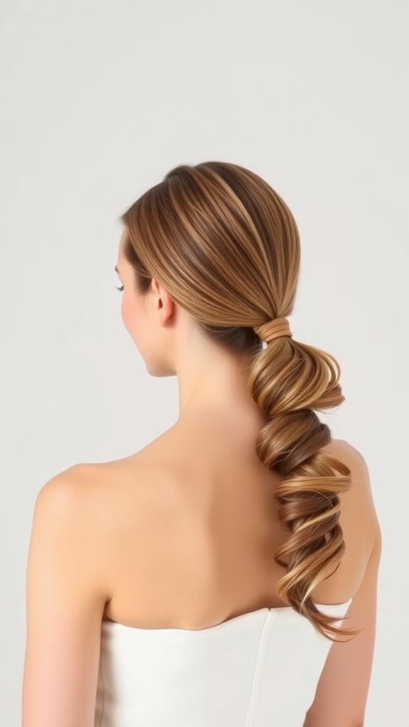 A woman with a low ponytail hairstyle styled with a side part.