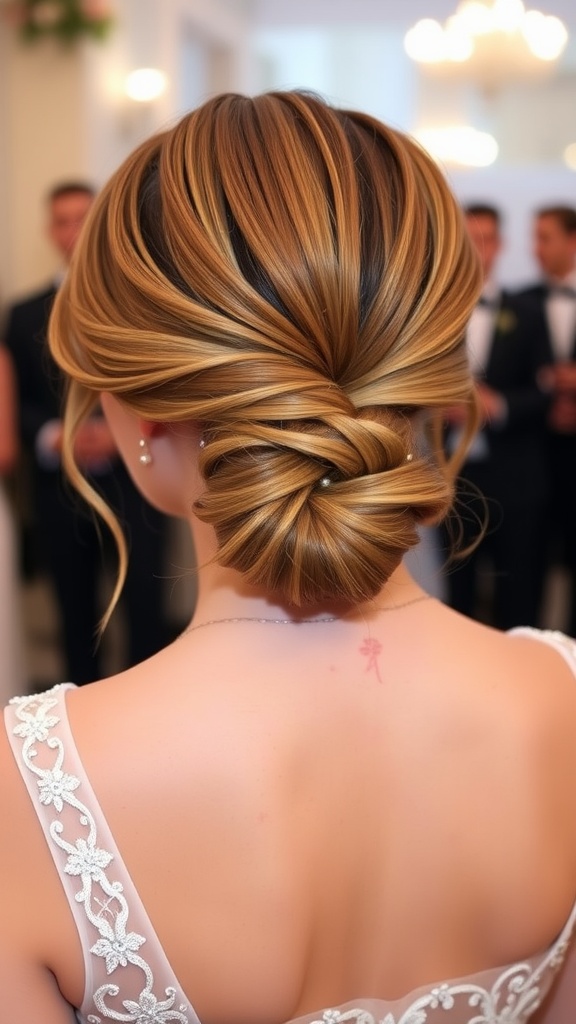 A low ponytail with a twist hairstyle, featuring smooth, flowing hair and subtle curls framing the face.