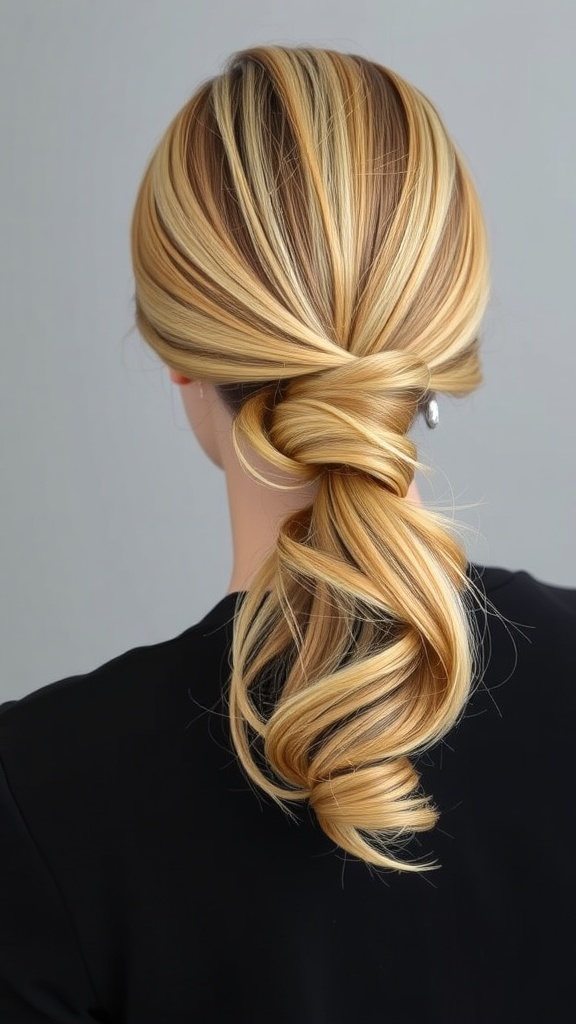 A low ponytail hairstyle with a wrapped hair strand, featuring soft waves and a polished look.