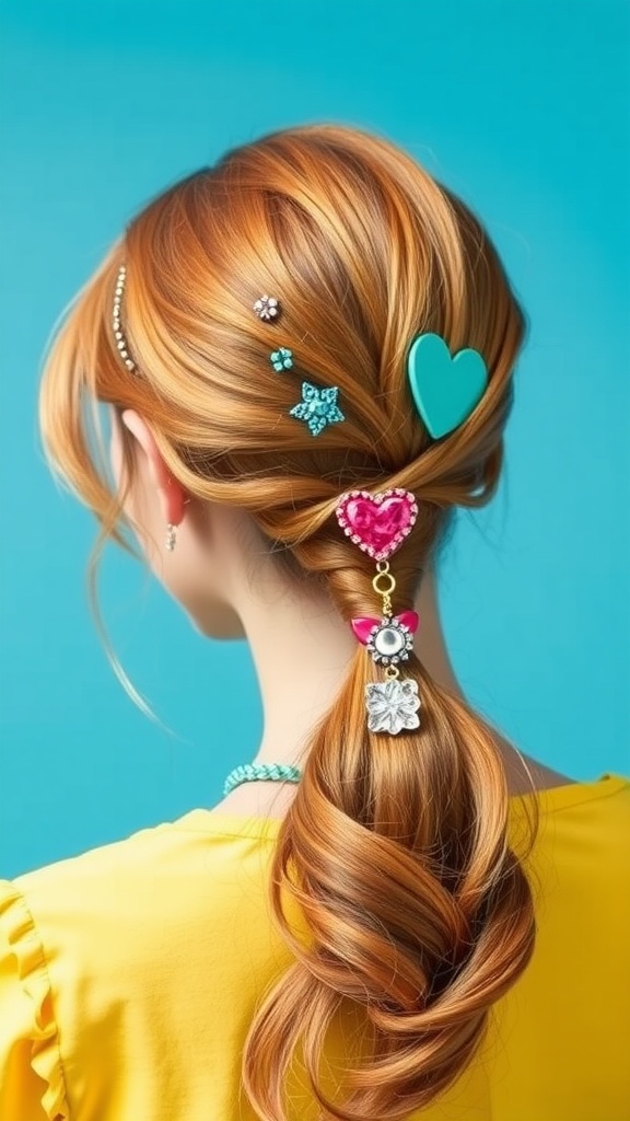 A woman with a low ponytail, decorated with colorful hair accessories like hearts and flowers.