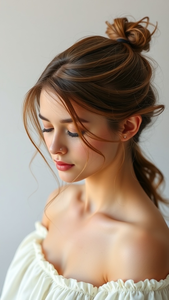 A woman with a low ponytail and loose tendrils, showcasing a relaxed hairstyle