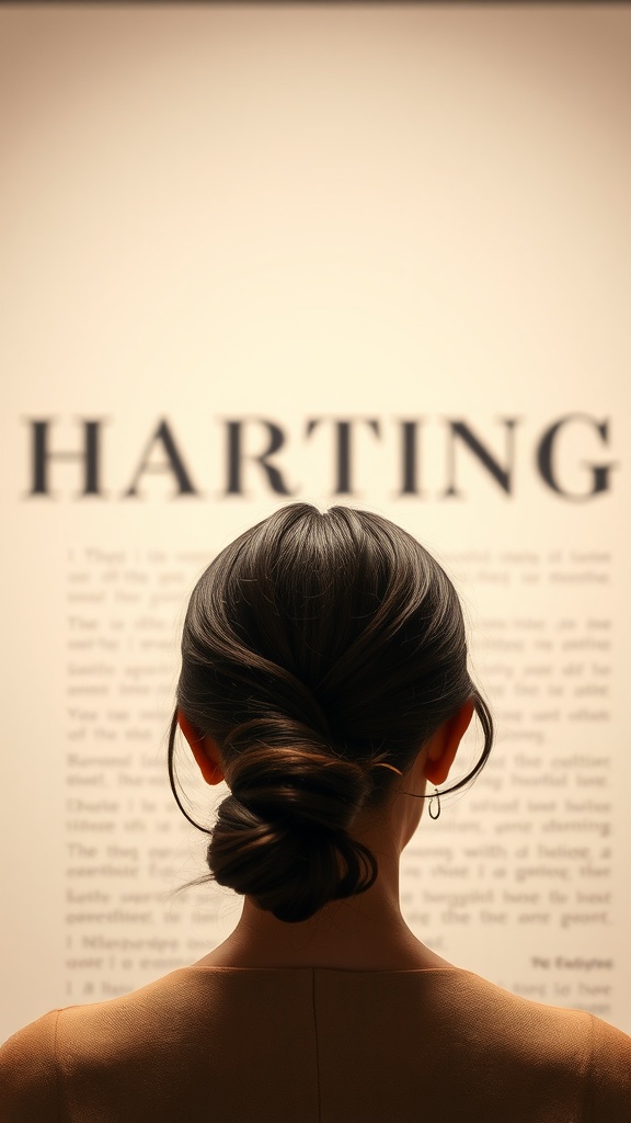 Image of a woman with a low ponytail hairstyle with volume at the crown, standing in front of a wall with text.