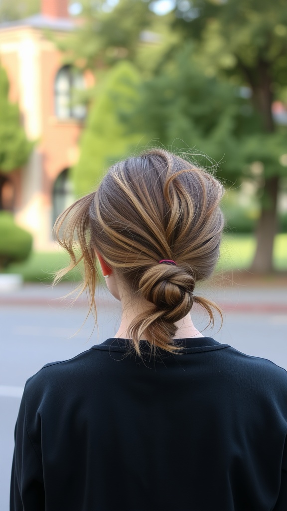 A person with a low ponytail and wispy bangs, seen from the back, highlighting the hairstyle.