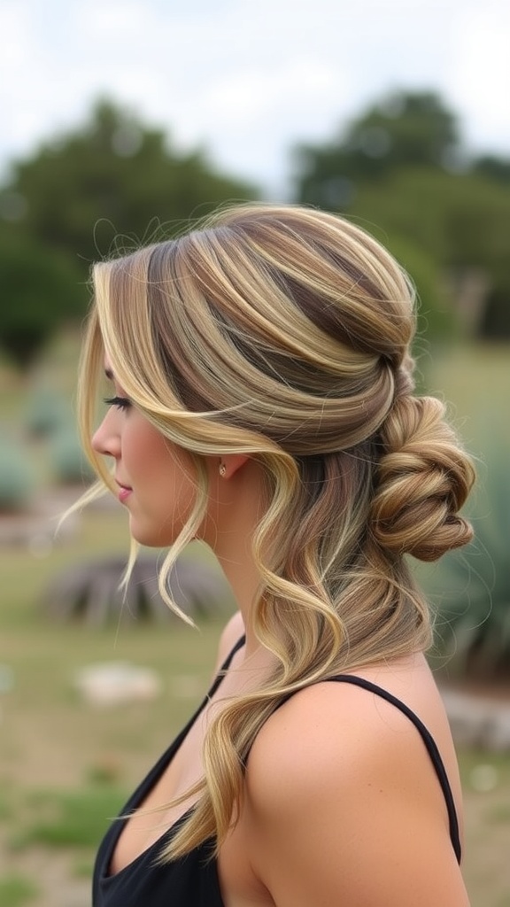 A woman with a low side ponytail hairstyle featuring soft waves and highlights.