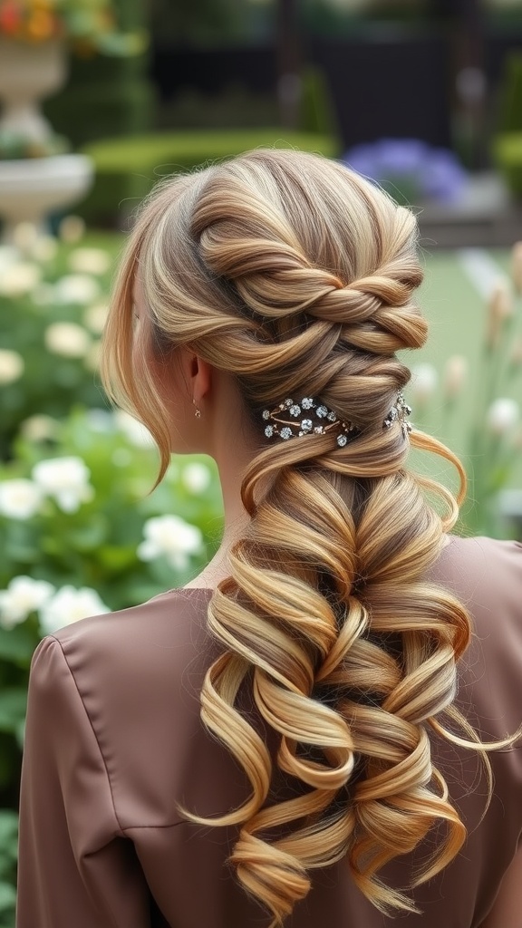 A stylish low twisted ponytail hairstyle featuring soft curls and a sparkling hair accessory, with a lush garden background.