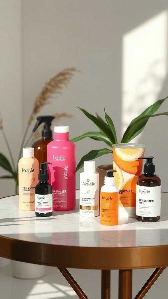 A variety of hair care products for 4B natural hair displayed on a table.