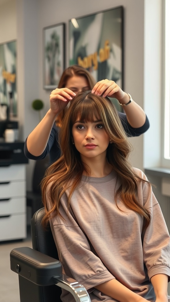 A woman getting a soft mullet hairstyle at a salon, with a stylist adjusting her hair.