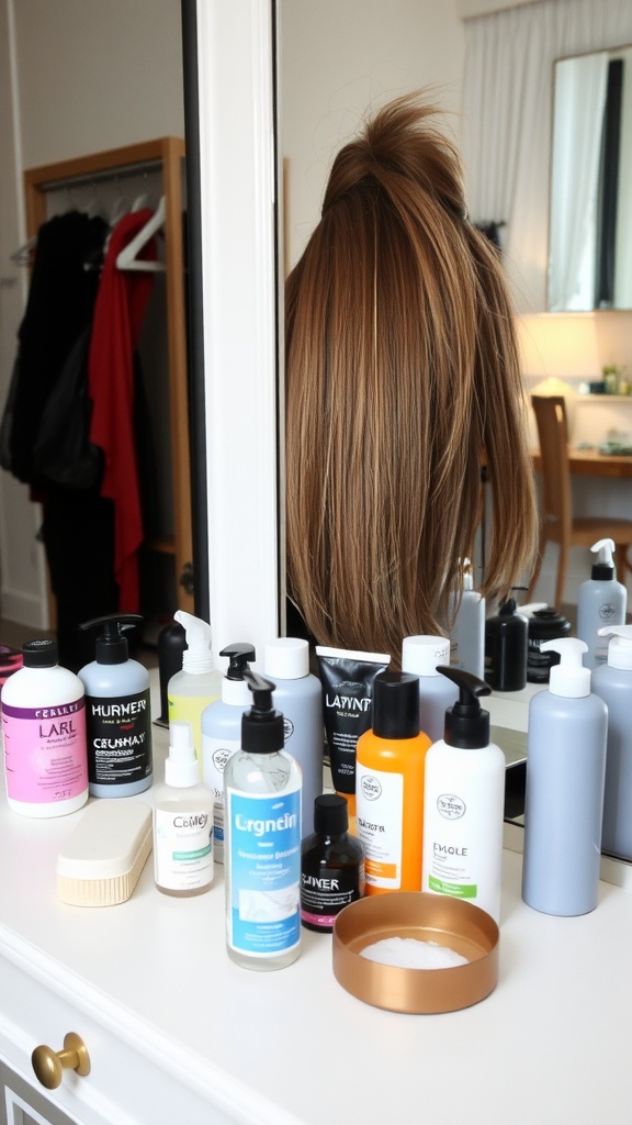 Collection of hair care products for maintaining straight mullet hairstyle