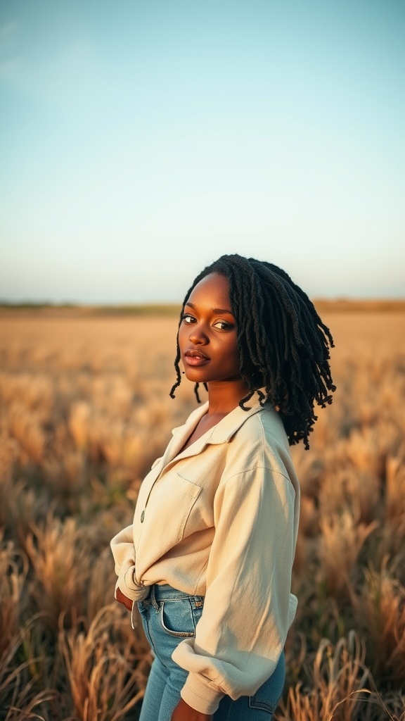 Woman with Marley twists in a field of tall grass, showcasing a stylish and natural look.