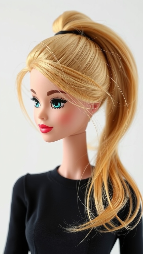 A Barbie doll with a messy ponytail hairstyle, featuring blonde hair tied loosely with flowing strands.