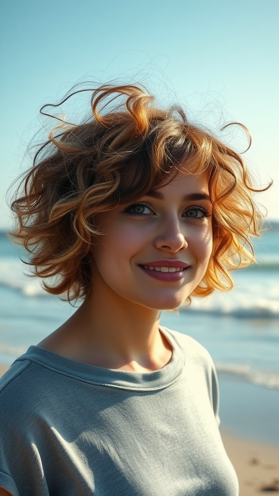 A young woman with curly hair, smiling at the beach.