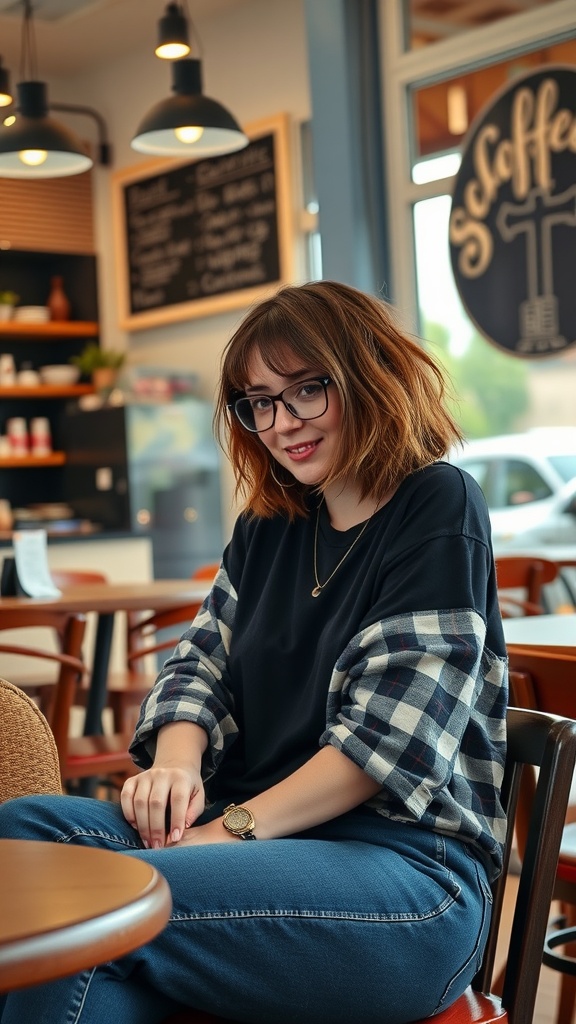 A young woman with a messy bob hairstyle sitting in a coffee shop, wearing a casual outfit.