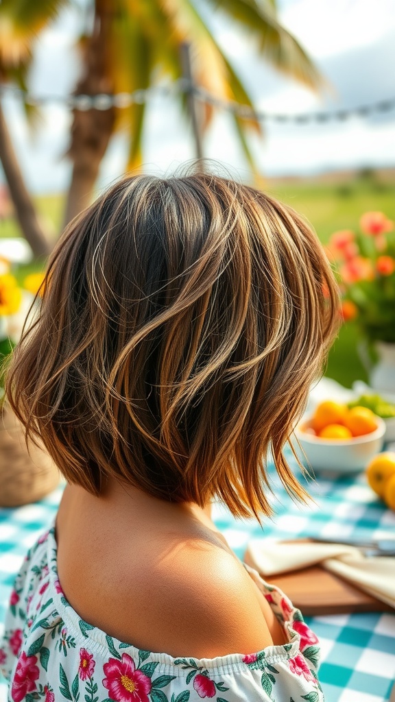 A woman with a messy bob hairstyle featuring beachy waves, showcasing a vibrant and casual look.