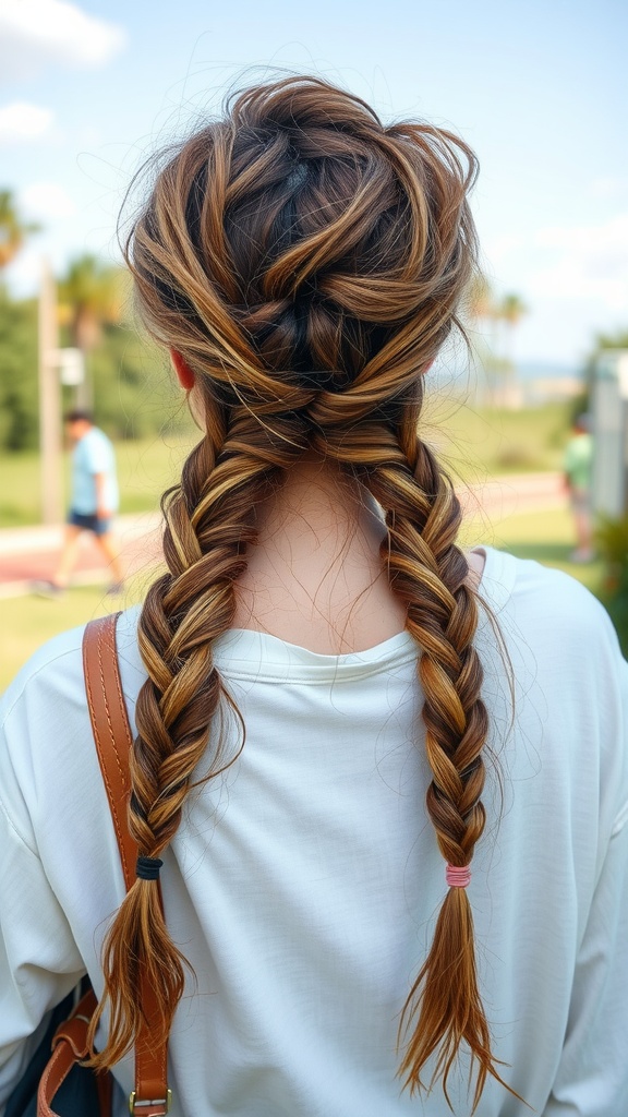 Two loose braids styled casually, showcasing a messy boho look with a relaxed vibe.
