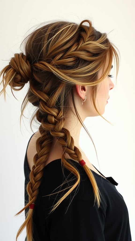 A woman with a messy boho crown braid hairstyle, featuring loose strands and colorful hair ties.