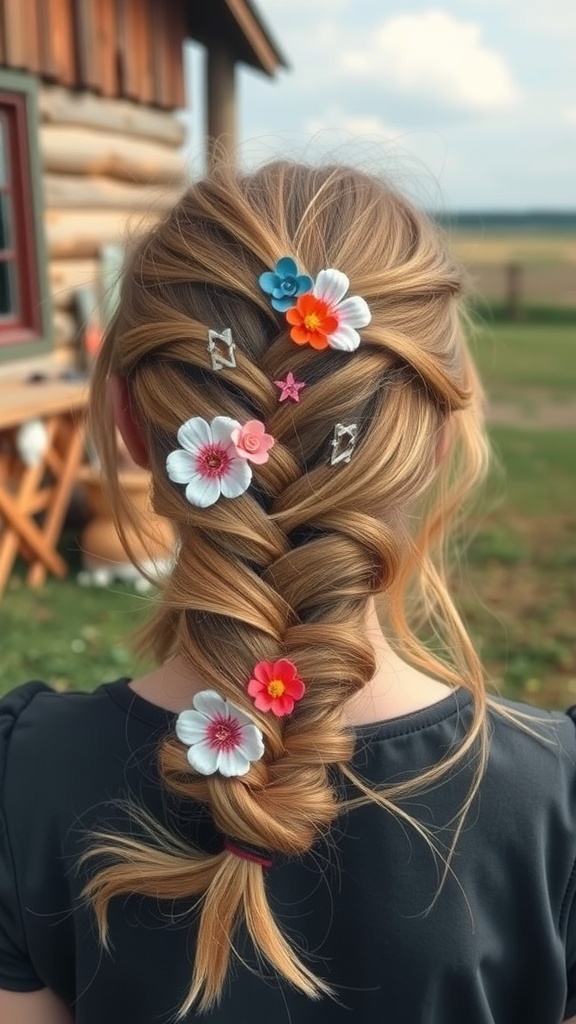 A messy braid hairstyle decorated with colorful flowers and hair clips.