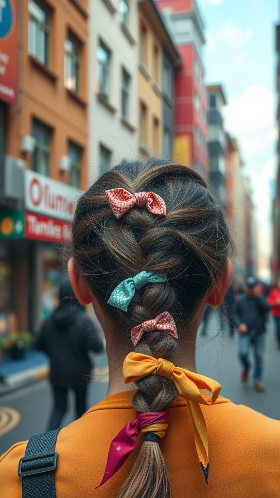 A back view of a messy braided hairstyle with colorful ties, set against a lively street backdrop.