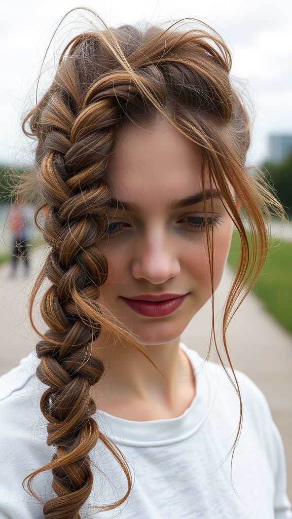 A woman with a messy braided ponytail, showcasing an elegant yet casual hairstyle.