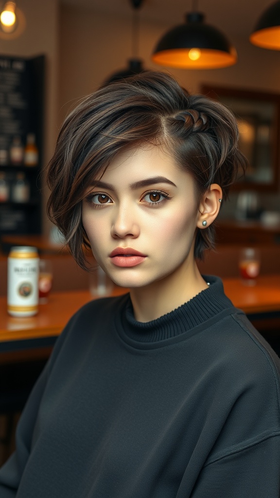 A stylish young woman with a messy braided hairstyle, showcasing short hair.
