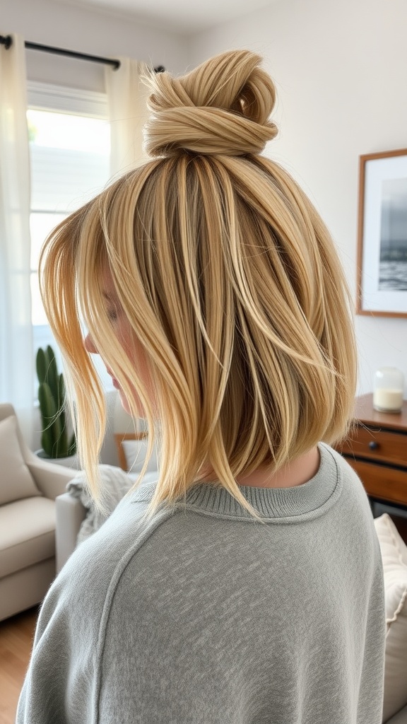 A blonde long bob hairstyle styled in a messy bun on top