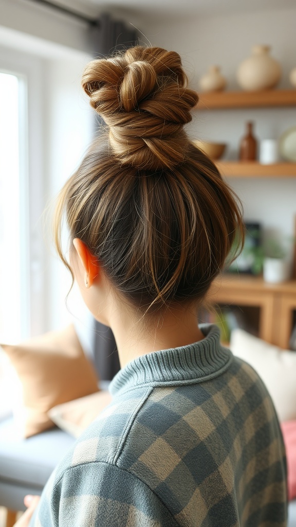 A woman with a high messy bun hairstyle, showing a relaxed and stylish look.
