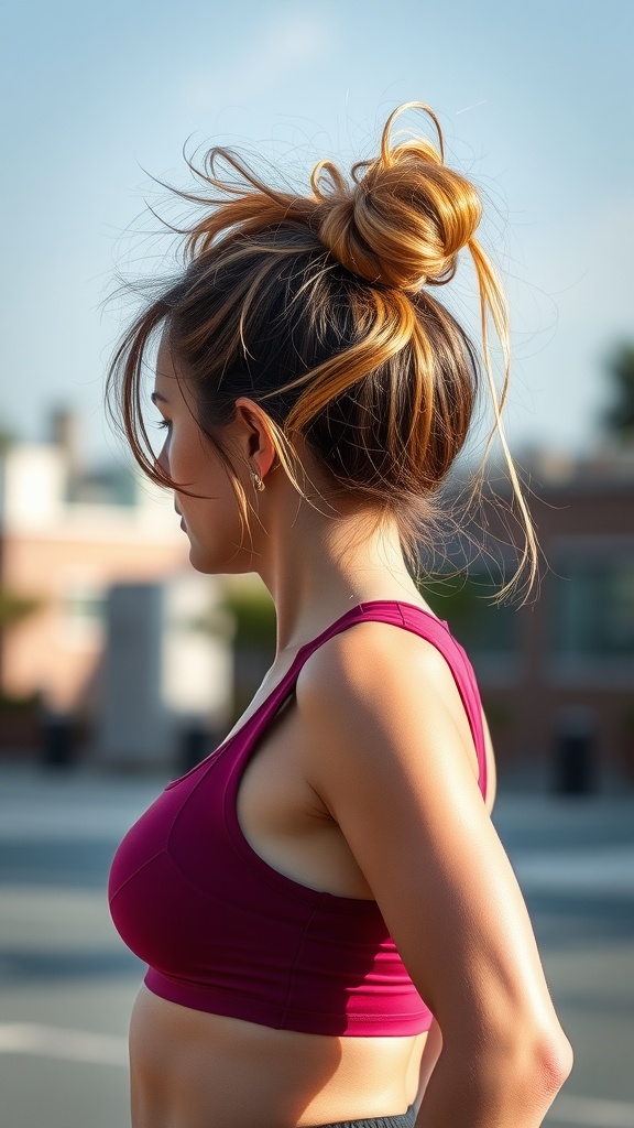 A woman with a messy bun ponytail hybrid hairstyle, showcasing loose strands of hair around her face.