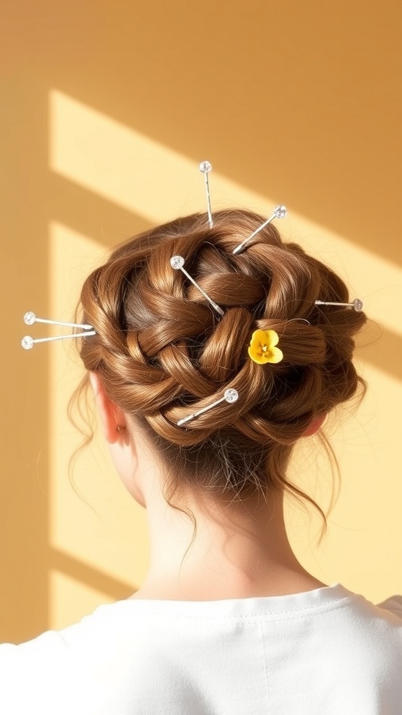 A messy bun hairstyle with a braided halo, decorated with pins and a flower accent.