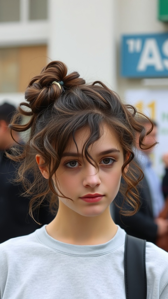 A young person with natural curly hair styled in a messy bun, showcasing loose curls falling around their face.