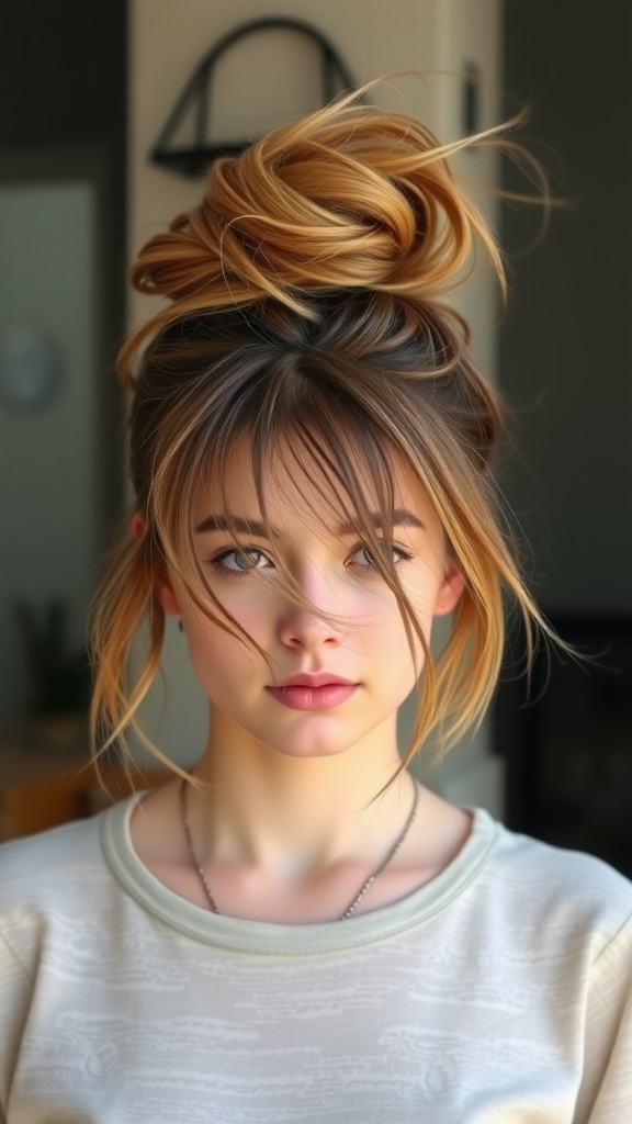 A young woman with a messy bun hairstyle and face-framing strands, showcasing a casual yet stylish look.