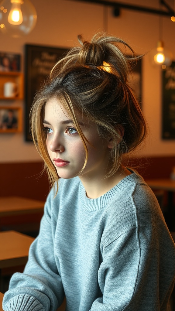 A young woman with a messy bun hairstyle and face-framing strands, wearing a light blue sweater.